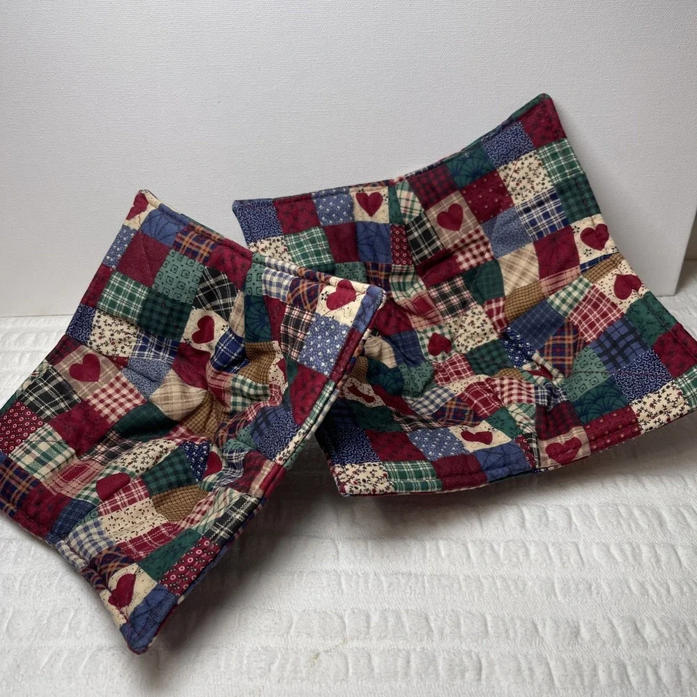 Set Of 2 Country Heart Quilt Bowl Cozy Washable. Cottage Core. Reversible.